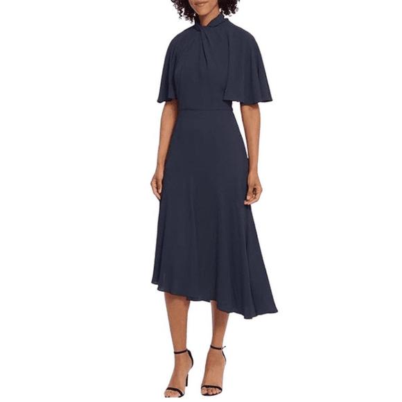 NEW MAGGY LONDON twisted mock neck asymmetrical dress in navy blue - Picture 1 of 3